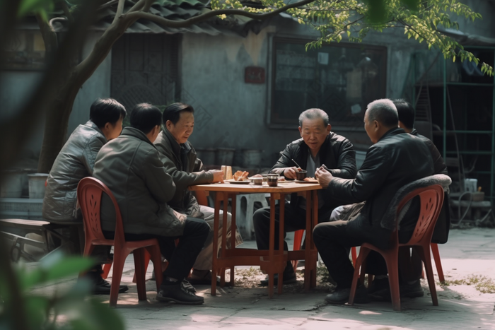 老人树荫下下棋喝茶居民区聊天