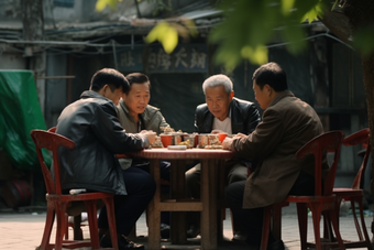 老人树荫下下棋喝茶聚集桌椅