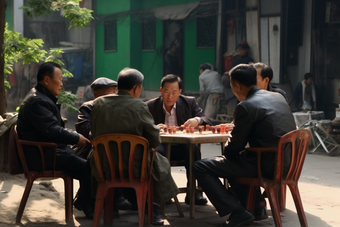 老人树荫下下棋喝茶聚集居民区