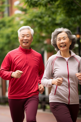 老年夫妇健身慢跑老年人户外