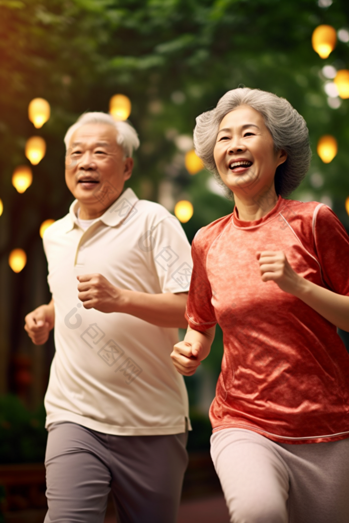 老年夫妇健身慢跑康养宁静