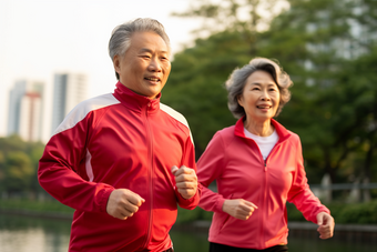 老年夫妇健身慢跑康养老年人