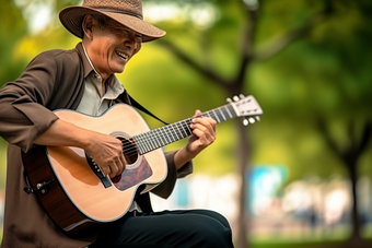 老年人公园演奏吉他艺术家文艺