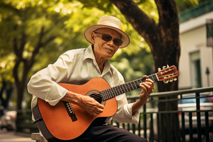 老年人公园演奏吉他艺术家音乐