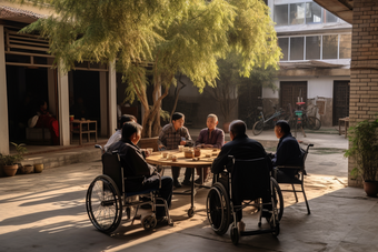 疗养院中下棋喝茶的老人聊天桌椅