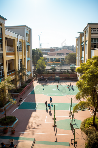 学校广角俯视校园绿树