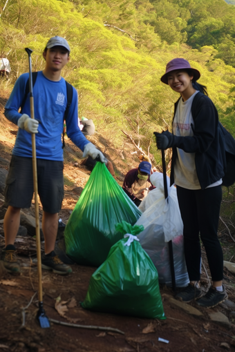 徒步登山捡垃圾活动塑料袋