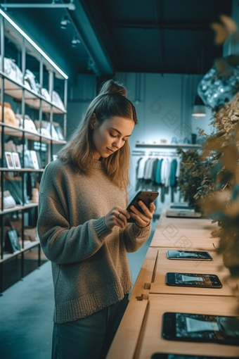 一个美丽的女人使用软件智能手机图片时尚