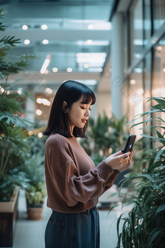 一个美丽的女人使用软件智能手机图片大学