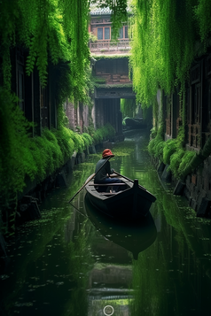 中国江南小镇乌篷船摄影图1