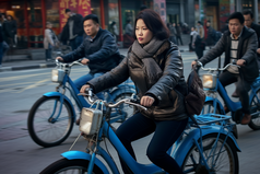 街道上骑共享单车摄影图1