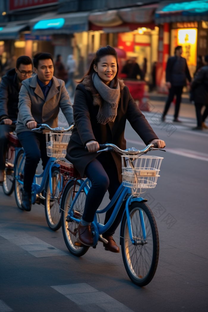 街道上骑共享单车骑行马路