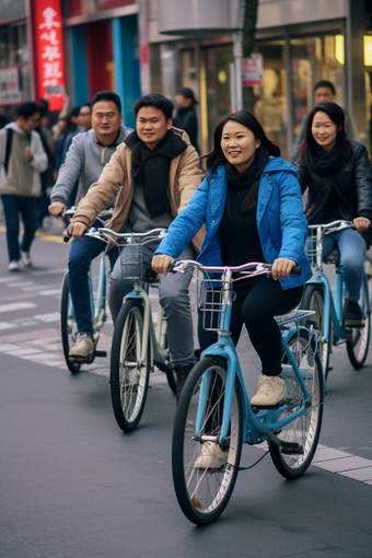 街道上骑共享单车骑行低污染