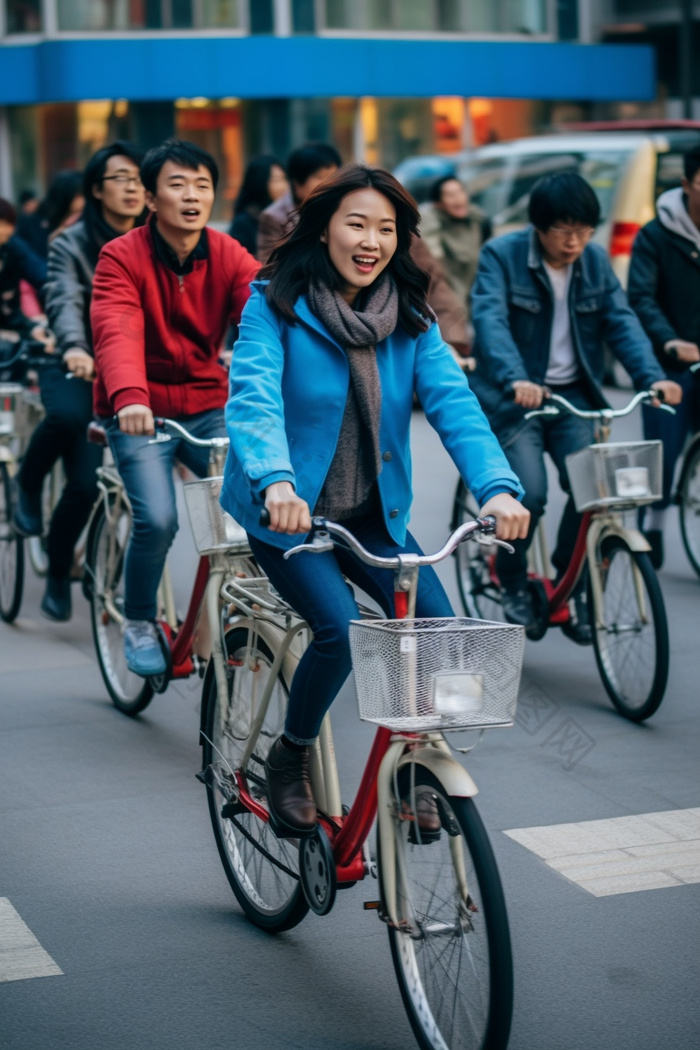 街道上骑共享单车马路绿色