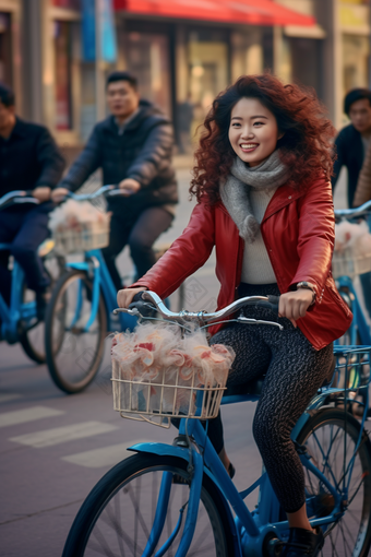 街道上骑共享单车骑行节约能源