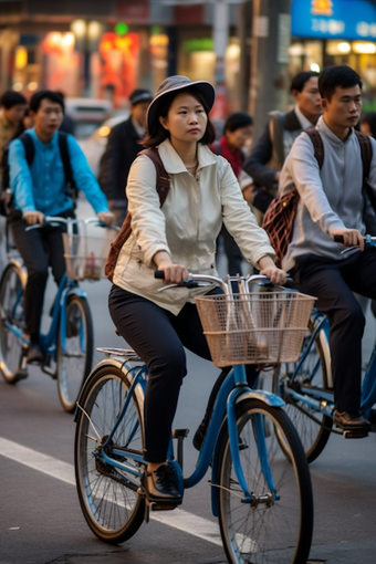 街道上骑共享单车骑行低碳出行