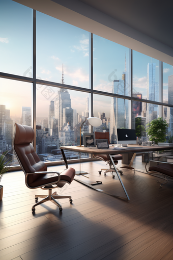 现代办公室空间全景视图城市家具轮廓