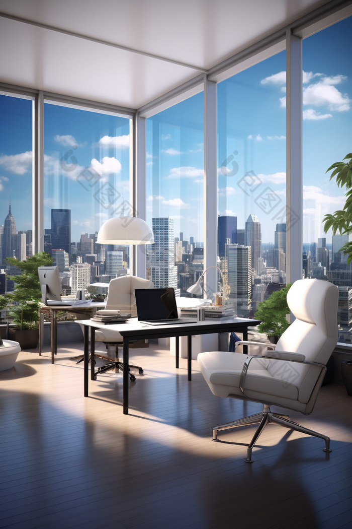 现代办公室空间全景视图城市家具办公桌