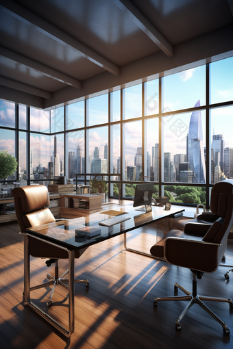 现代办公室空间全景视图城市大窗户专业