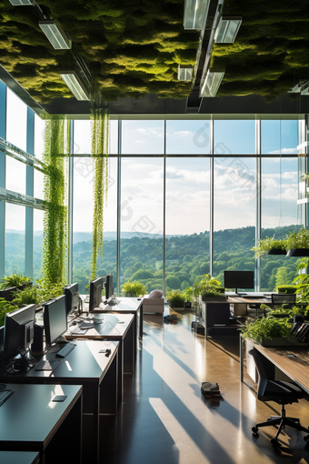 郁郁葱葱的绿色景观<strong>办公室</strong>空间大窗户