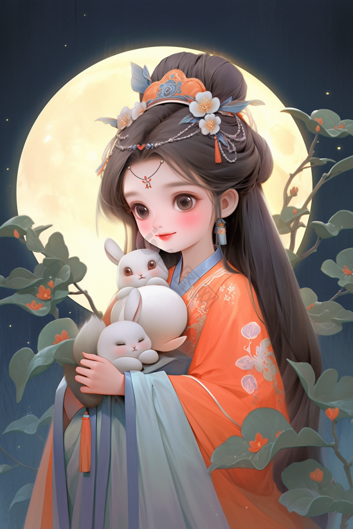 中秋的仙女嫦娥抱着兔子玉兔古装