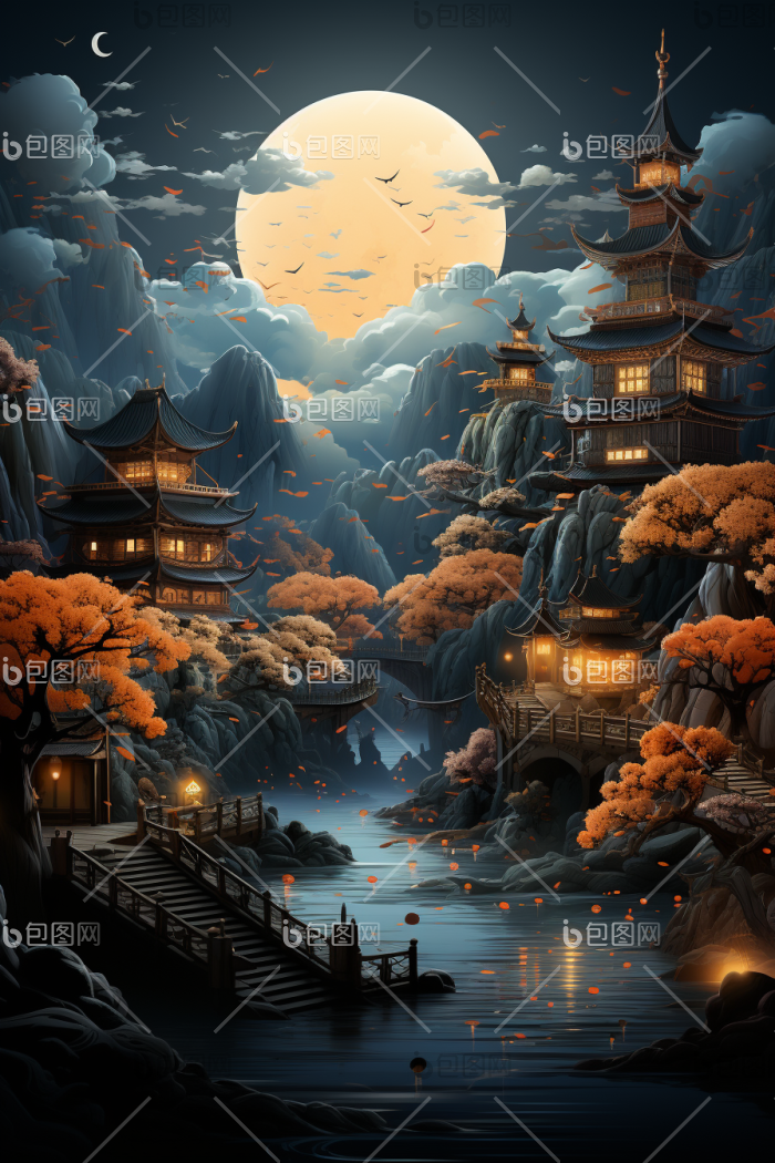 中秋月亮晚上灯光青插画高清图片下载-包图网