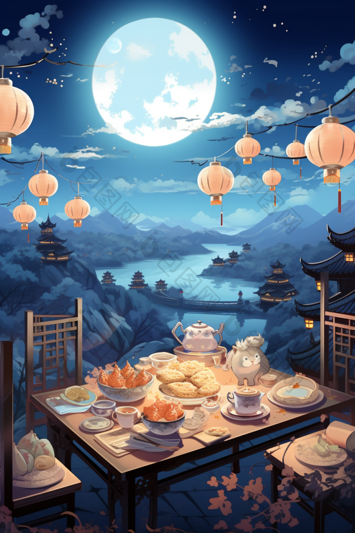 中秋赏月团圆插画高清图片下载-包图网