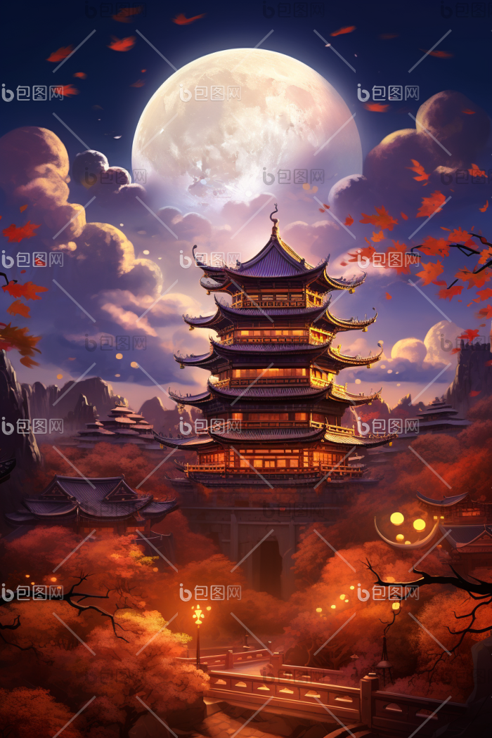 中秋祥云月亮古风建筑大插画高清图片下载-包图网