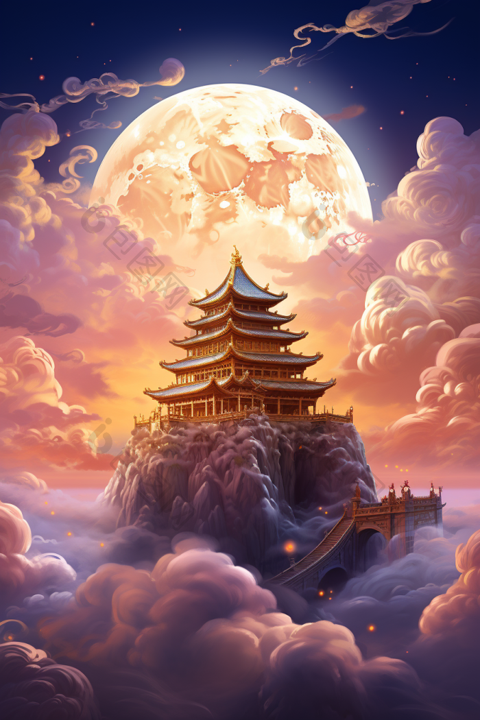 中秋祥云月亮古风建筑插画高清图片下载-包图网