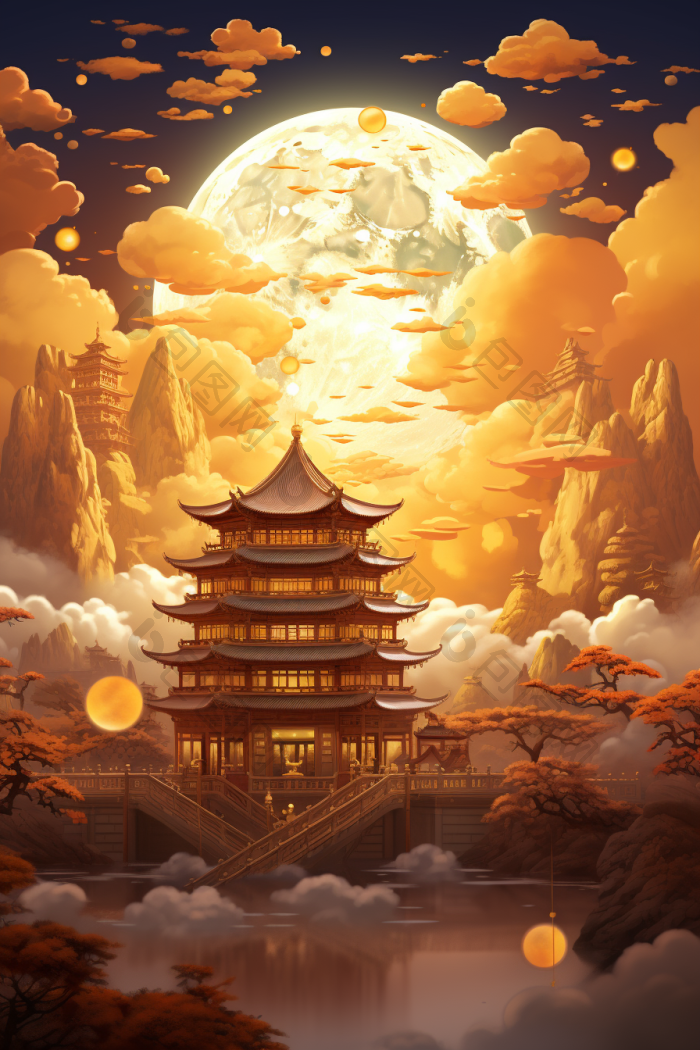 中秋祥云月亮古风建筑节插画高清图片下载-包图网