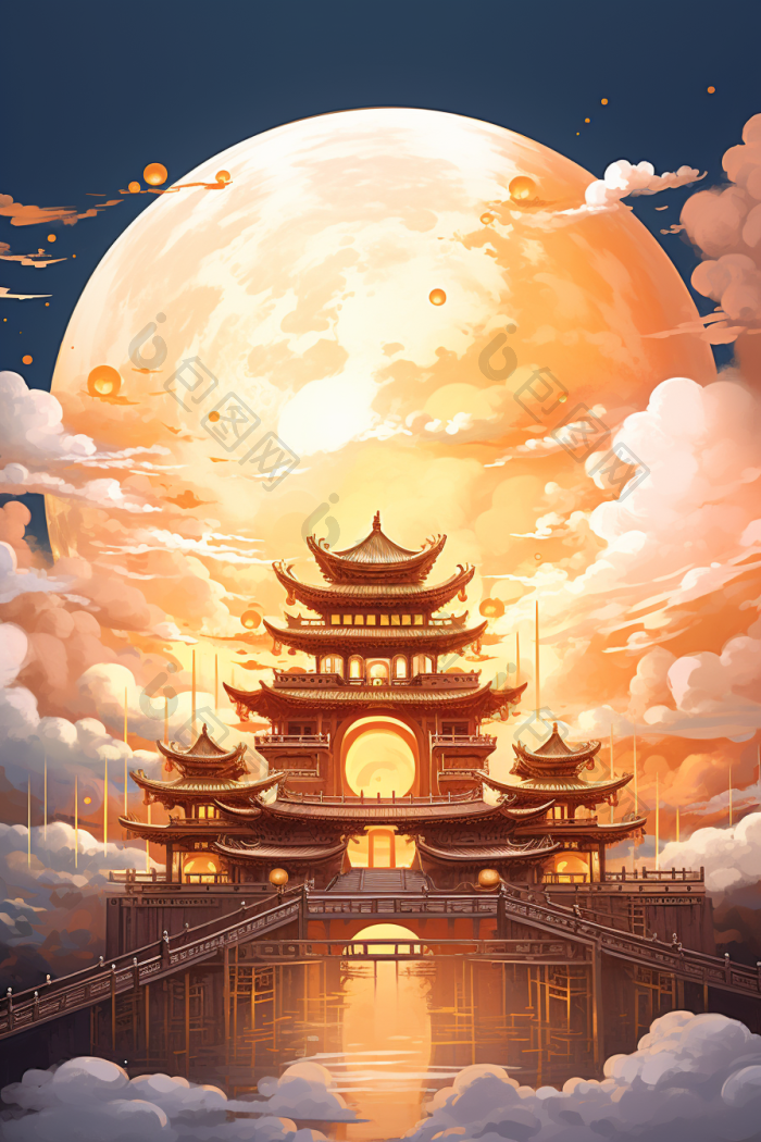中秋祥云月亮古风建筑吉祥古建筑插画高清图片下载-包图网