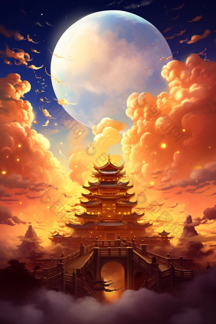 中秋祥云月亮古风建筑插画高清图片下载-包图网