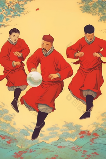 中国传统蹴鞠足球运动体育竞技插画