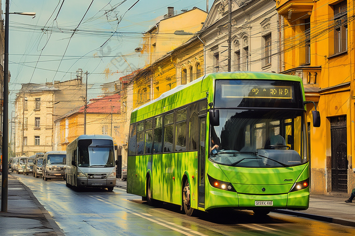 新能源公交车在街上行驶街道行驶城市出行