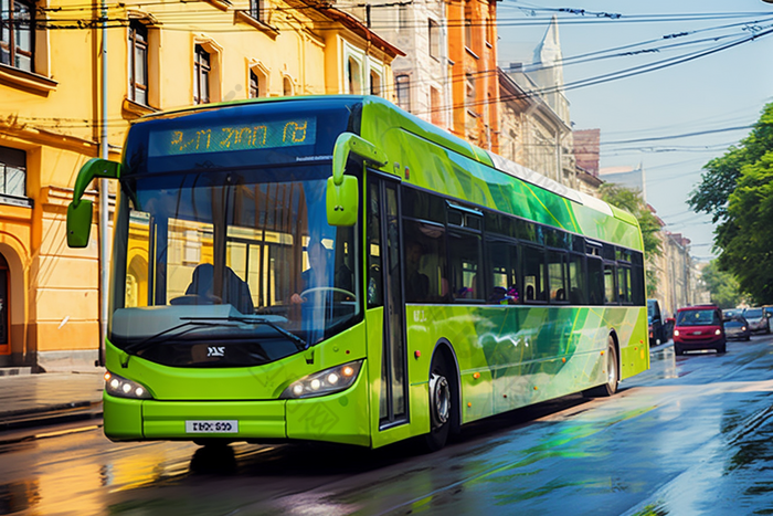新能源公交车在街上行驶城市交通出行方式