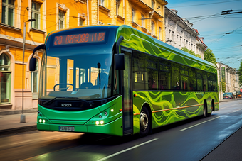 新能源公交车在街上行驶街道行驶现代化