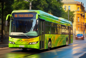 新能源<strong>公交车</strong>在街上行驶街道行驶出行方式