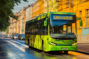 新能源<strong>公交车</strong>在街上行驶街道行驶公共交通