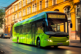 新能源公交车在街上行驶街道行驶环保交通