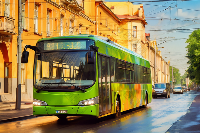 新能源公交车在街上行驶城市交通城市出行