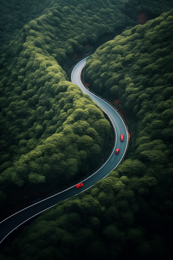 盘山公路上<strong>行使</strong>的汽车俯视风景