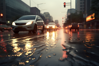 下雨朦胧的车行街道汽车行驶