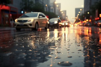 下雨朦胧的车行街道行驶低视角