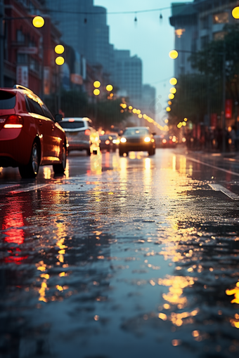 下雨<strong>朦胧</strong>的车行街道汽车特写