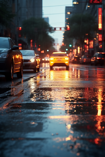 下雨朦胧的车行街道汽车街景