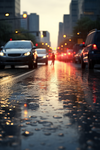 下雨朦胧的车行街道汽车低视角