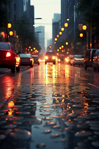 下雨朦胧的车行街道行驶路灯