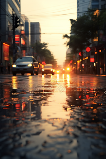 下雨朦胧的车行街道行驶特写