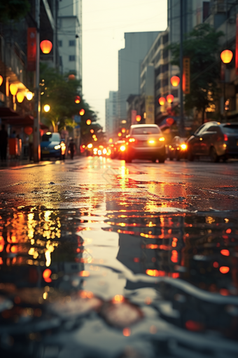 下雨朦胧的车行街道汽车夜间