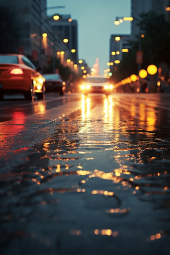 下雨朦胧的车行街道汽车路灯